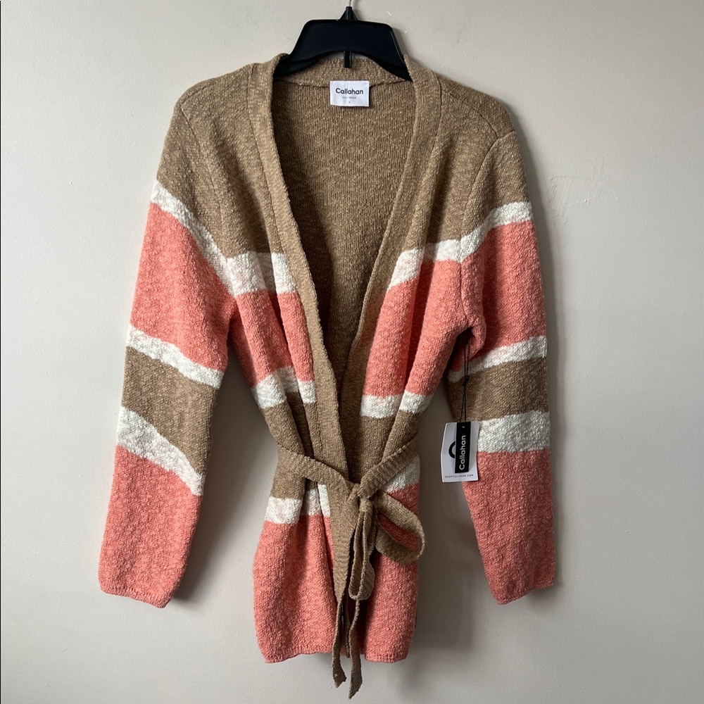 NWT Callahan Greta Belted Colorblock Cardigan Peach Tan Ivory Large